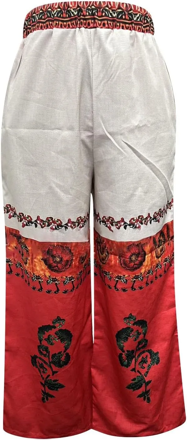 Women Summer Boho Palazzo Pants High Waist Wide Leg Floral Casual Cotton Lounge with Pockets Beach Relax Trousers