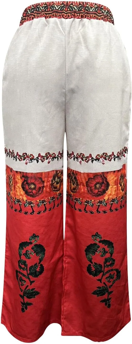 Women Summer Boho Palazzo Pants High Waist Wide Leg Floral Casual Cotton Lounge with Pockets Beach Relax Trousers