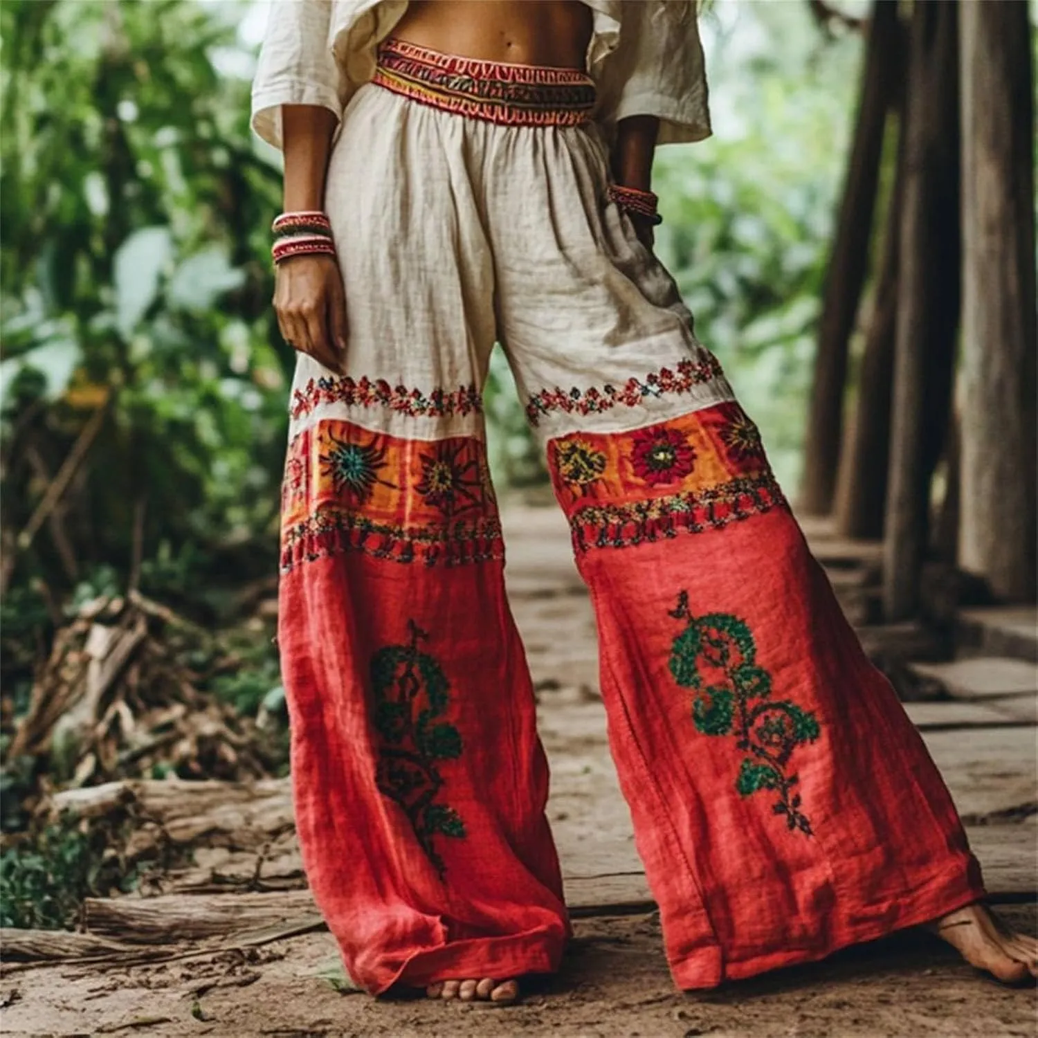 Women Summer Boho Palazzo Pants High Waist Wide Leg Floral Casual Cotton Lounge with Pockets Beach Relax Trousers