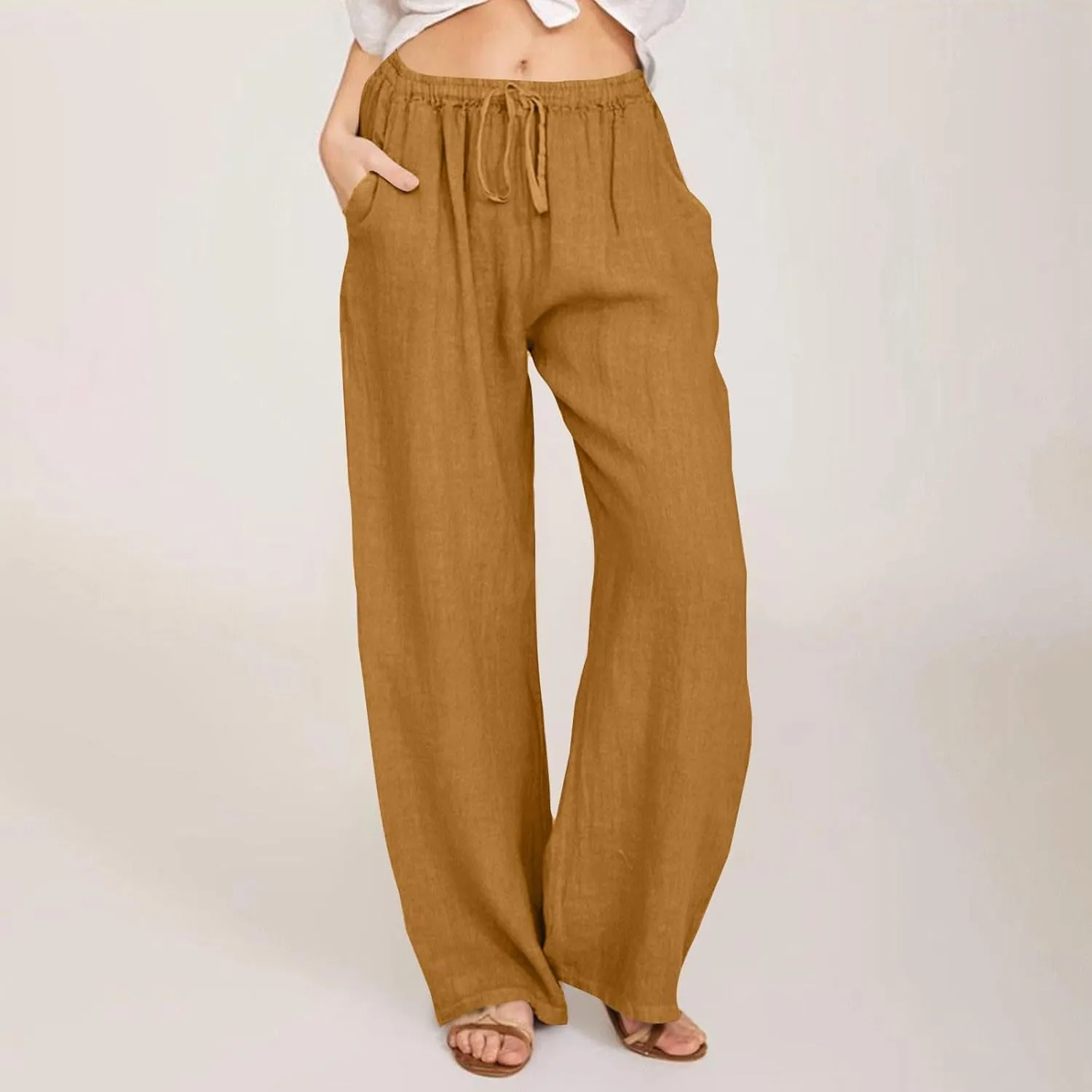 Women Summer Wide Leg Pants Drawstring Elastic High Waisted Lounge Pants Beach Casual Trousers with Pockets