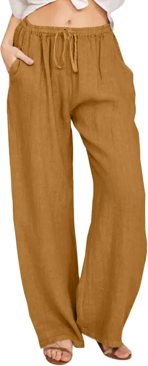 Women Summer Wide Leg Pants Drawstring Elastic High Waisted Lounge Pants Beach Casual Trousers with Pockets