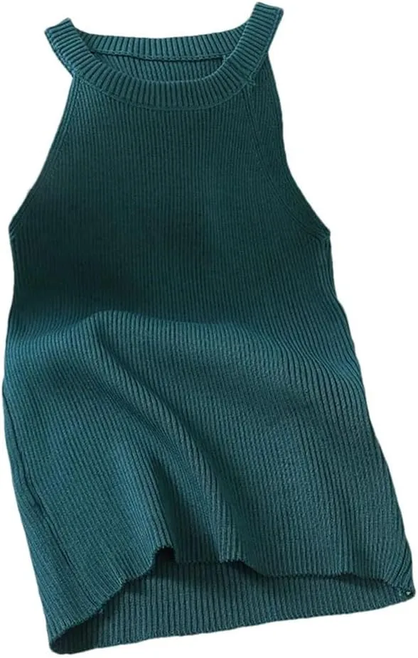 Women Tank Top Knit Shoulder Round Neck T-Shirt Women Solid Halters Camisole