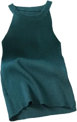 Women Tank Top Knit Shoulder Round Neck T-Shirt Women Solid Halters Camisole