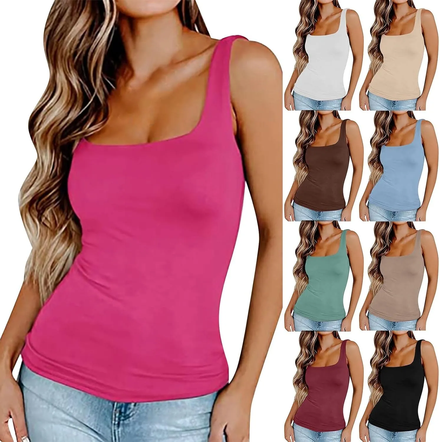 Women Tank Tops with Built in Bras 2025 Summer Strap Layer Padded Bra Square Neck Camisole Workout Basic Undershirts