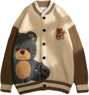 Women Varsity Sweater Button Up Knitted Cardigan Cute Bear Graphic Embroidery Jacket Top