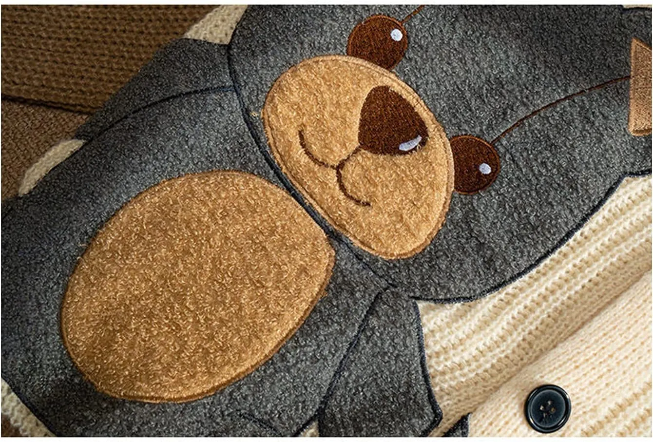 Women Varsity Sweater Button Up Knitted Cardigan Cute Bear Graphic Embroidery Jacket Top