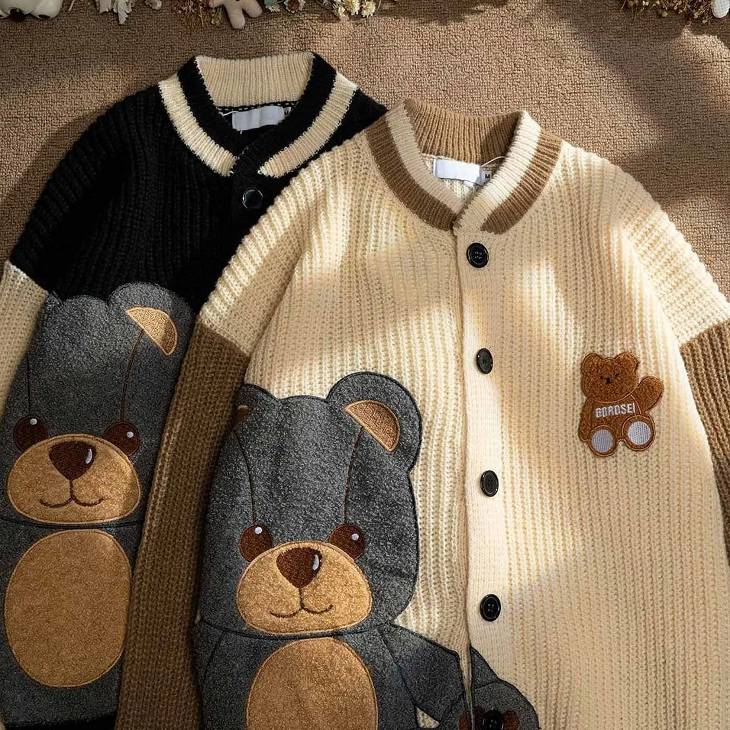 Women Varsity Sweater Button Up Knitted Cardigan Cute Bear Graphic Embroidery Jacket Top