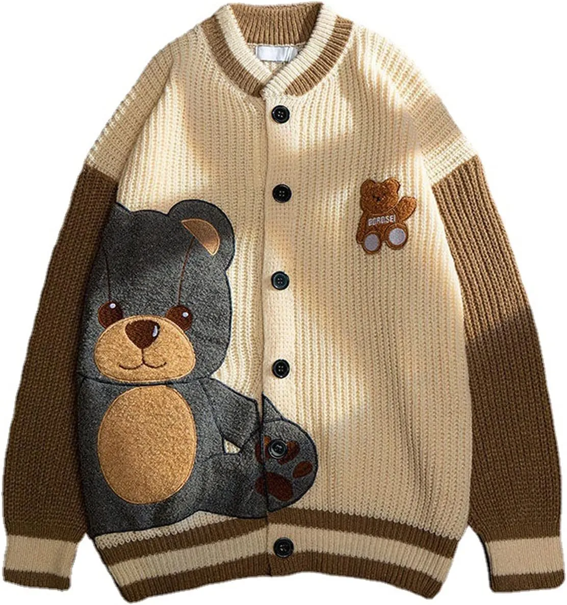 Women Varsity Sweater Button Up Knitted Cardigan Cute Bear Graphic Embroidery Jacket Top