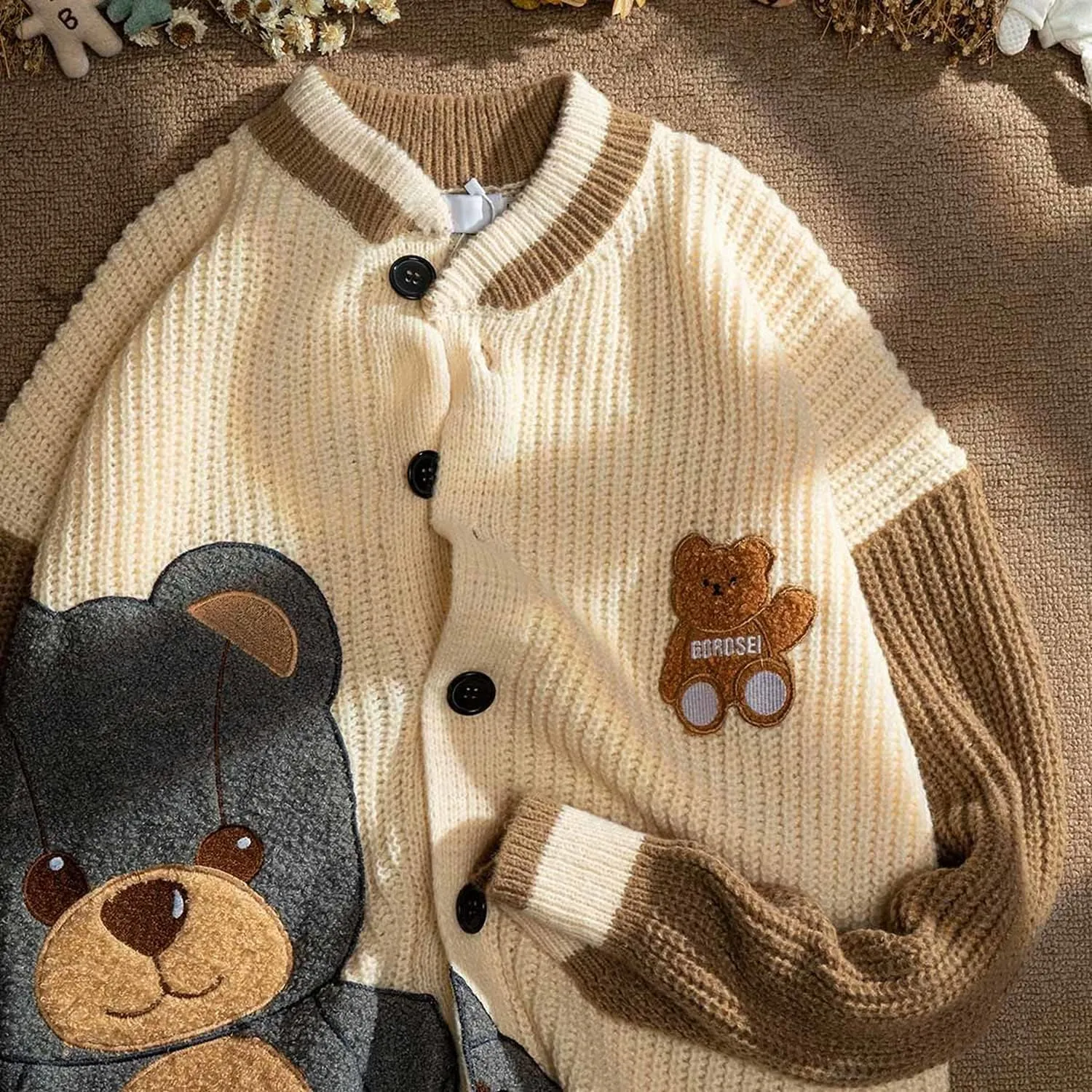 Women Varsity Sweater Button Up Knitted Cardigan Cute Bear Graphic Embroidery Jacket Top