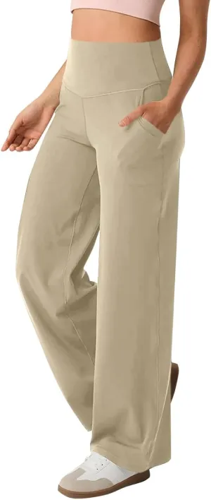 Women Wide Leg Yoga Pants with Pockets Stretch Straight Leg Dress Pants Tummy Control Flare Leggings Athletic Pant