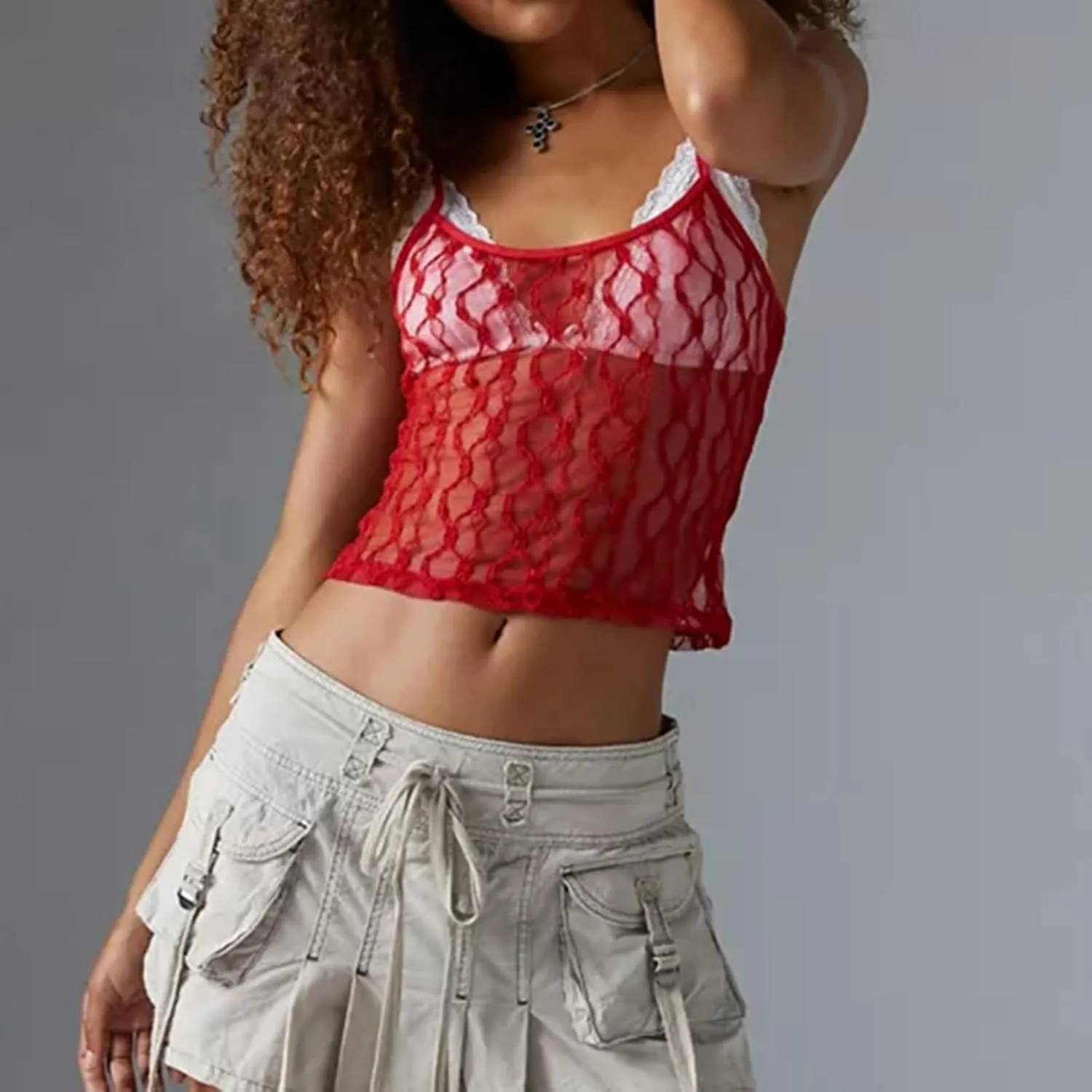 Women Y2k Lace Camisole Crop Tops Sexy Spaghetti Strap See Through Cami Sheer Mesh Going Out Tank Top