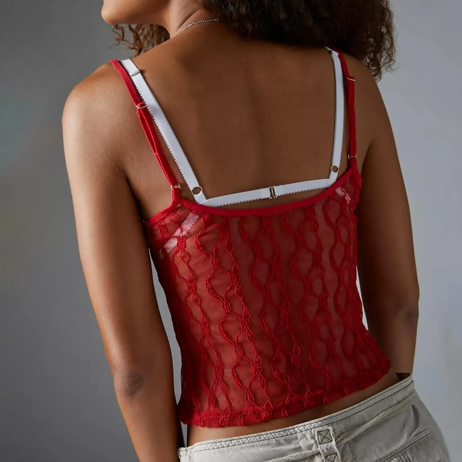Women Y2k Lace Camisole Crop Tops Sexy Spaghetti Strap See Through Cami Sheer Mesh Going Out Tank Top