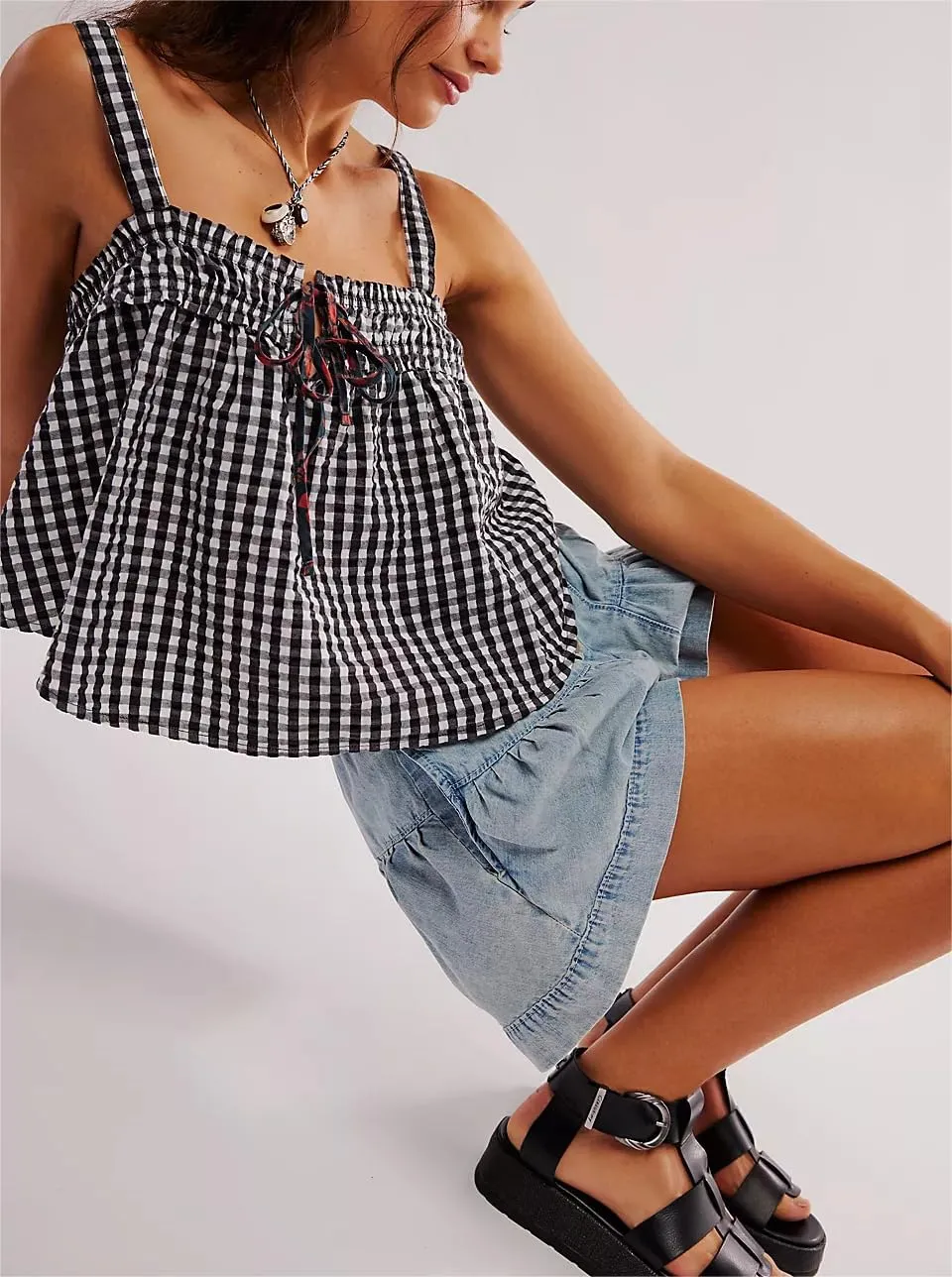 Women Y2k Plaid Cami Tank Top Sleeveless Spaghetti Strap Tie Front Camisole Summer Vintage Vest Streetwear