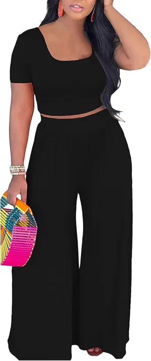 Womens 2 Piece Lounge Sets Casual Comfy Tracksuits Outfits Crop Tops Round Neck Wide Leg Pants Short Sleeve Jumpsuits