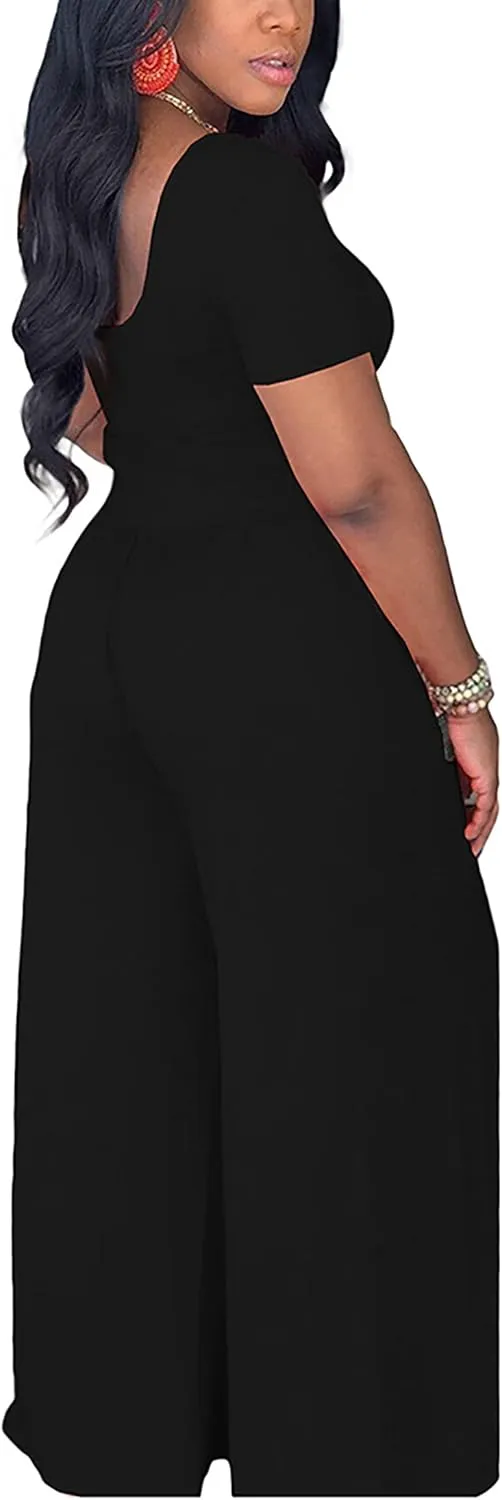Womens 2 Piece Lounge Sets Casual Comfy Tracksuits Outfits Crop Tops Round Neck Wide Leg Pants Short Sleeve Jumpsuits