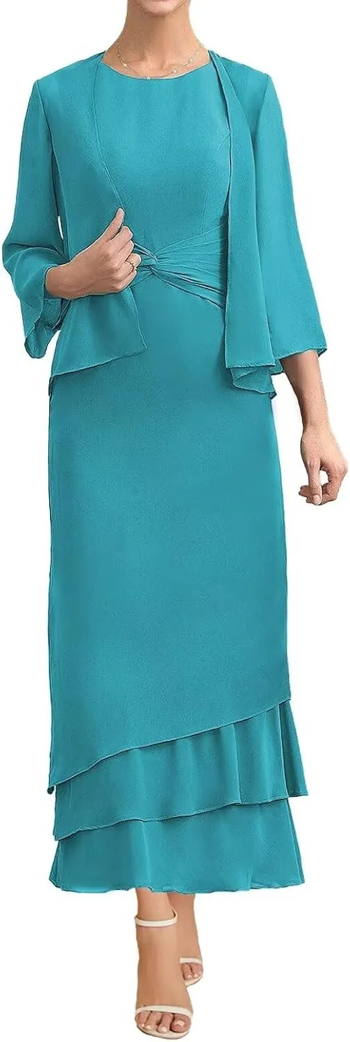 Women's 2 Pieces Mother of The Bride Dresses with Jacket Ruffles Chiffon Formal Evening Party Gown