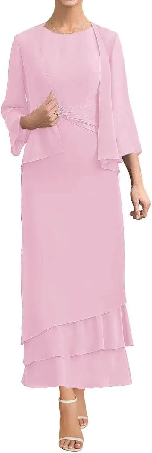 Women's 2 Pieces Mother of The Bride Dresses with Jacket Ruffles Chiffon Formal Evening Party Gown