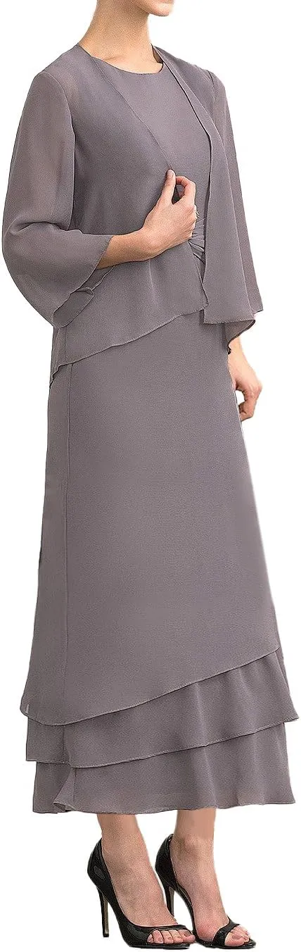 Women's 2 Pieces Mother of The Bride Dresses with Jacket Ruffles Chiffon Formal Evening Party Gown