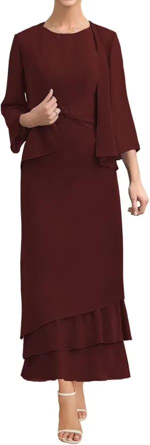 Women's 2 Pieces Mother of The Bride Dresses with Jacket Ruffles Chiffon Formal Evening Party Gown
