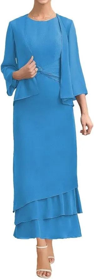 Women's 2 Pieces Mother of The Bride Dresses with Jacket Ruffles Chiffon Formal Evening Party Gown
