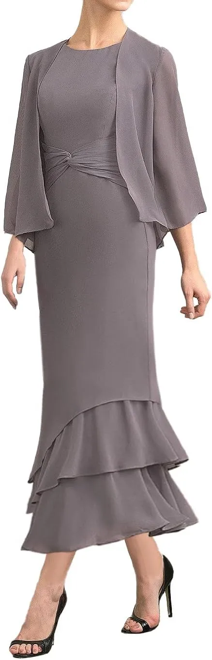 Women's 2 Pieces Mother of The Bride Dresses with Jacket Ruffles Chiffon Formal Evening Party Gown