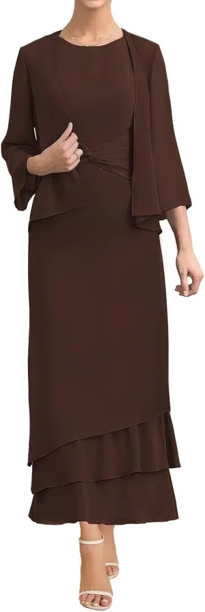 Women's 2 Pieces Mother of The Bride Dresses with Jacket Ruffles Chiffon Formal Evening Party Gown