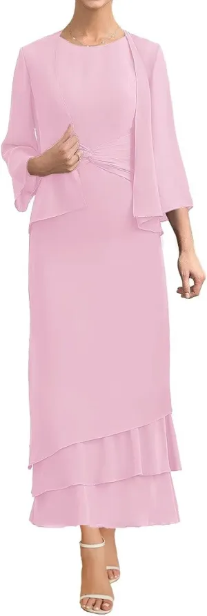 Women's 2 Pieces Mother of The Bride Dresses with Jacket Ruffles Chiffon Formal Evening Party Gown