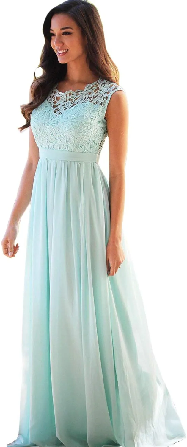 Women's A-line Lace Top Chiffon Bottom Wedding Party Bridesmaid Dress Long