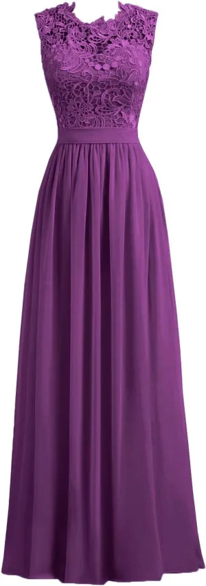 Women's A-line Lace Top Chiffon Bottom Wedding Party Bridesmaid Dress Long