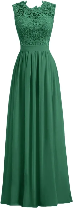 Women's A-line Lace Top Chiffon Bottom Wedding Party Bridesmaid Dress Long