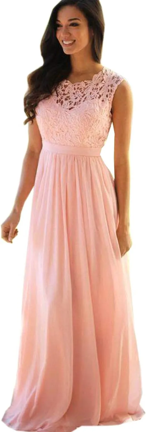 Women's A-line Lace Top Chiffon Bottom Wedding Party Bridesmaid Dress Long