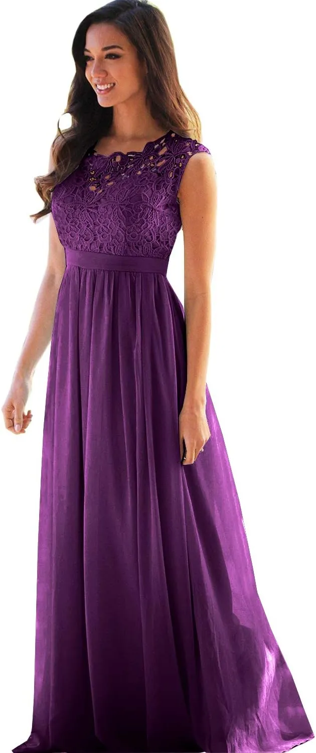 Women's A-line Lace Top Chiffon Bottom Wedding Party Bridesmaid Dress Long