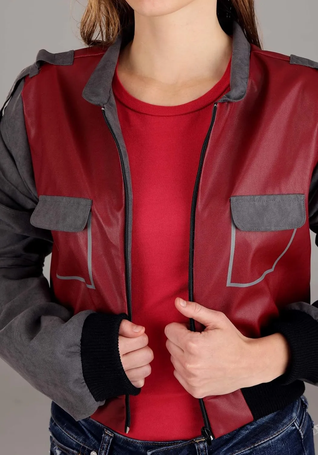 Women's Back to The Future II Marty McFly Jacket Costume Jacket, Rib Knit Cuffs, Faux Leather & Suede