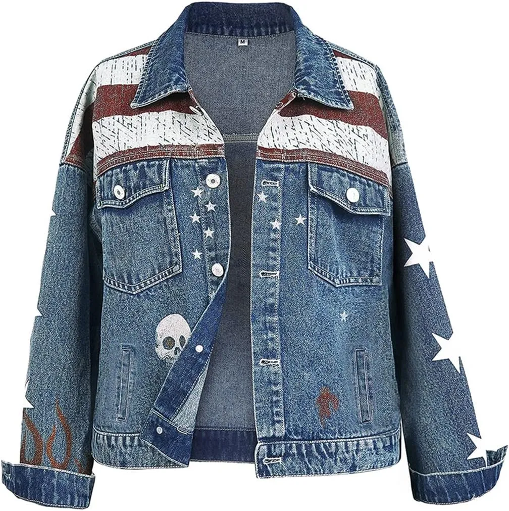 Women's Blue Denim Jacket, Size S, High Waist, Movie Character, Casual, Party, Short Length, Adult, Button Closure, Classic Fit, Point Collar, 2 Pockets, Unlined, Hand Wash Only