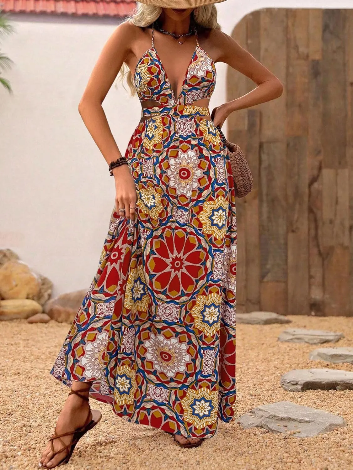 Women's Boho Floral Halter Sundress V-Neck Backless Spaghetti Strap A Line Maxi Dress Summer Sexy Trendy Holiday Beach Dress