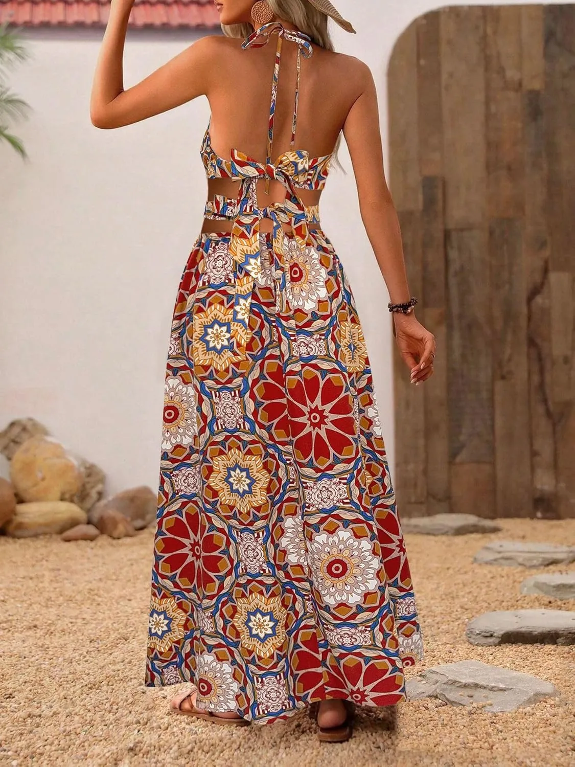 Women's Boho Floral Halter Sundress V-Neck Backless Spaghetti Strap A Line Maxi Dress Summer Sexy Trendy Holiday Beach Dress