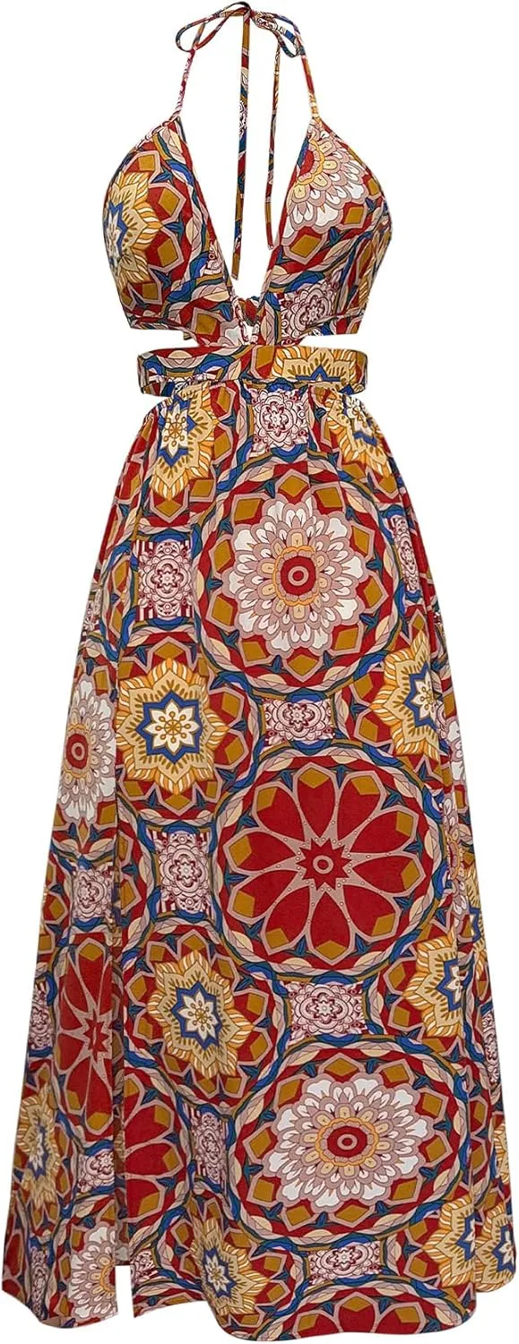 Women's Boho Floral Halter Sundress V-Neck Backless Spaghetti Strap A Line Maxi Dress Summer Sexy Trendy Holiday Beach Dress