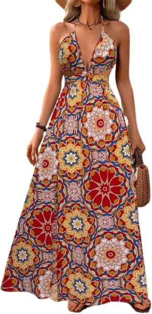 Women's Boho Floral Halter Sundress V-Neck Backless Spaghetti Strap A Line Maxi Dress Summer Sexy Trendy Holiday Beach Dress