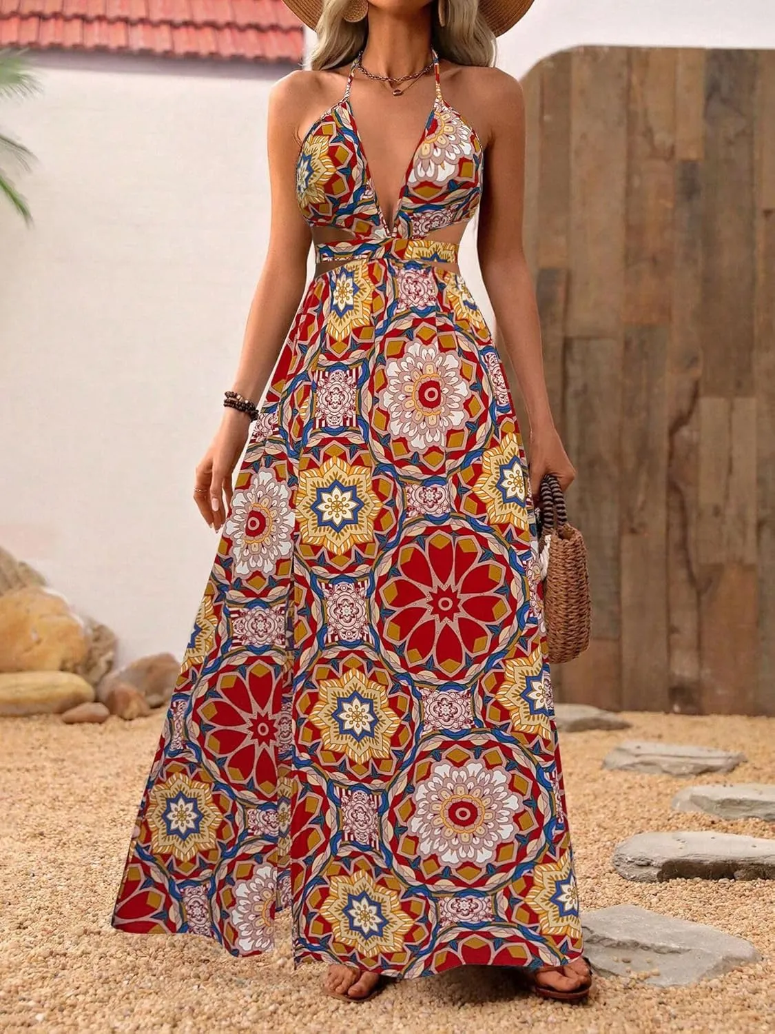 Women's Boho Floral Halter Sundress V-Neck Backless Spaghetti Strap A Line Maxi Dress Summer Sexy Trendy Holiday Beach Dress