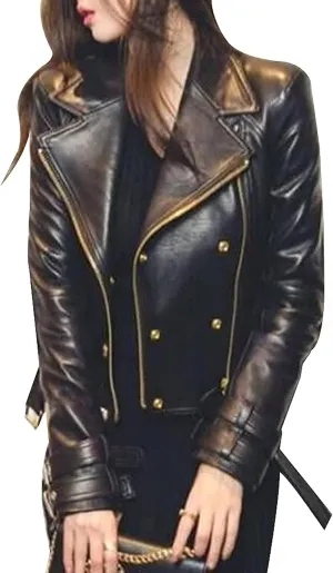 Womens Brando Motorcycle Leather Jacket Ladies Rose Golden Genuine Leather Biker Black Lambskin Jacket