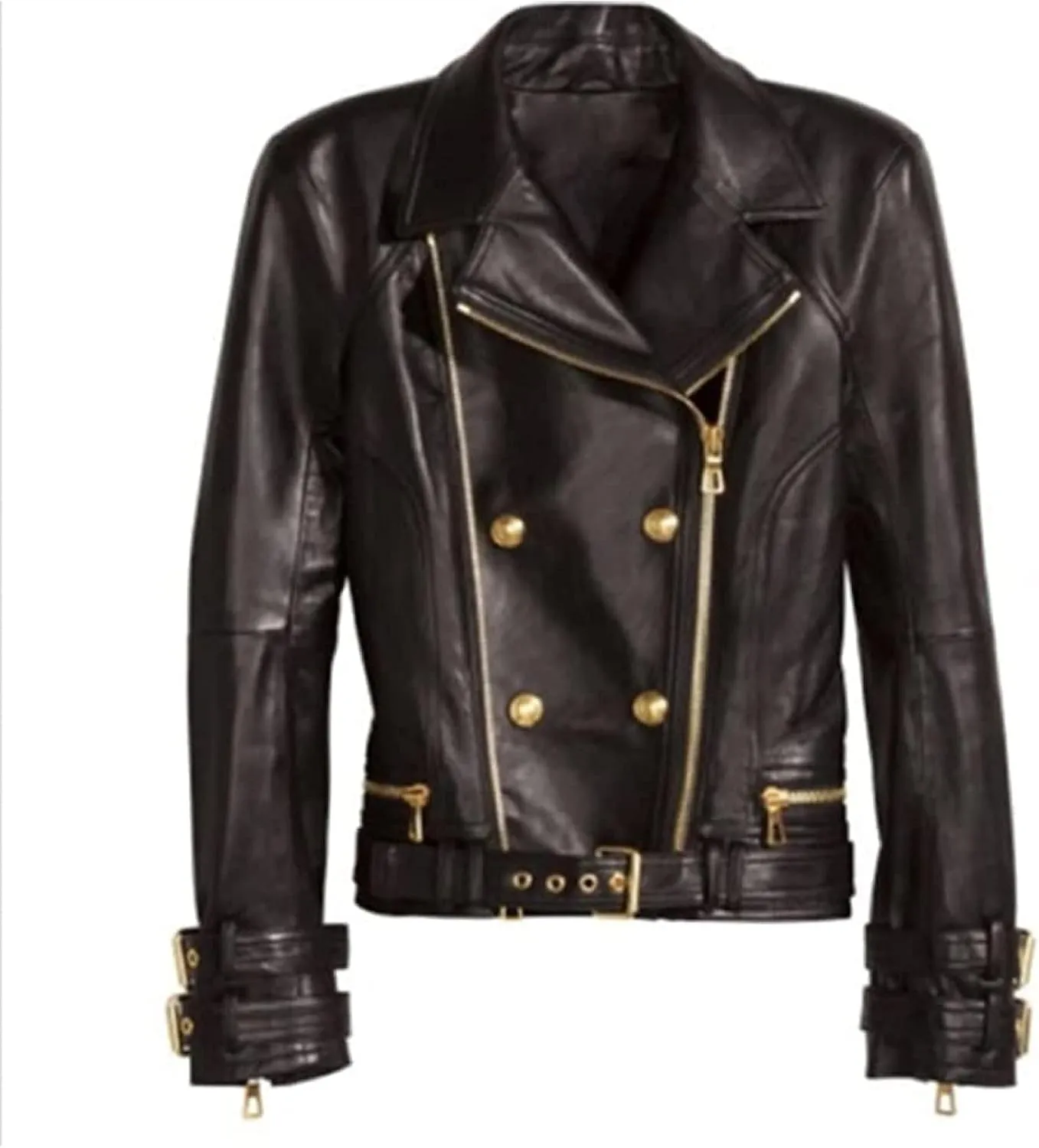 Womens Brando Motorcycle Leather Jacket Ladies Rose Golden Genuine Leather Biker Black Lambskin Jacket