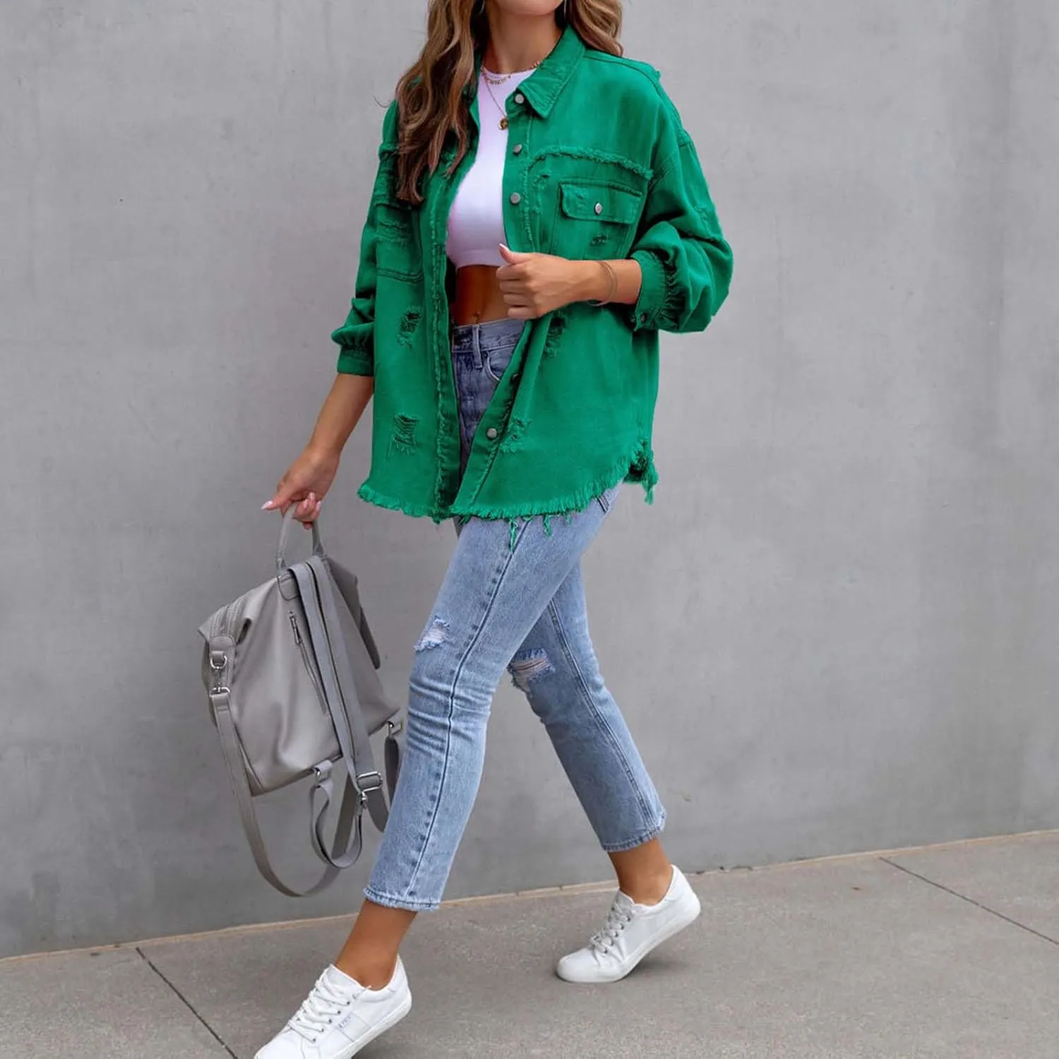 Women's Button Down Oversized Denim Jackets Ripped Frayed Shacket Jean Coat Distressed Shirts with Pockets