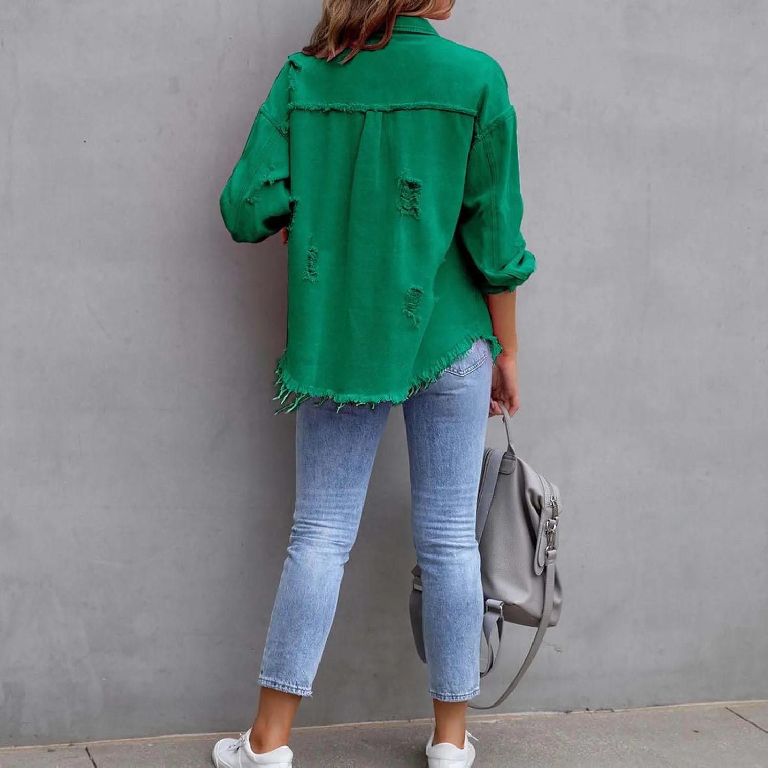 Women's Button Down Oversized Denim Jackets Ripped Frayed Shacket Jean Coat Distressed Shirts with Pockets