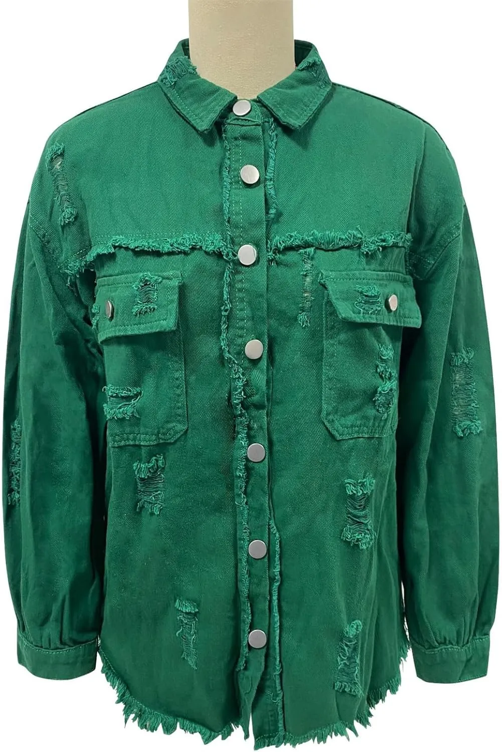 Women's Button Down Oversized Denim Jackets Ripped Frayed Shacket Jean Coat Distressed Shirts with Pockets