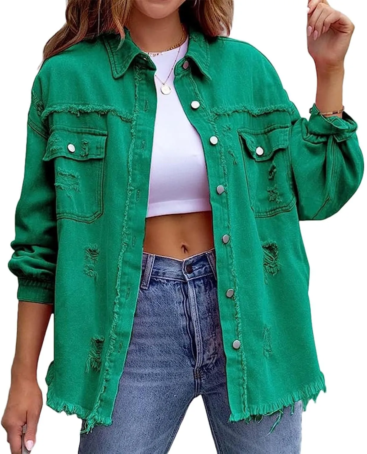 Women's Button Down Oversized Denim Jackets Ripped Frayed Shacket Jean Coat Distressed Shirts with Pockets