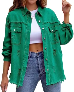 Women's Button Down Oversized Denim Jackets Ripped Frayed Shacket Jean Coat Distressed Shirts with Pockets