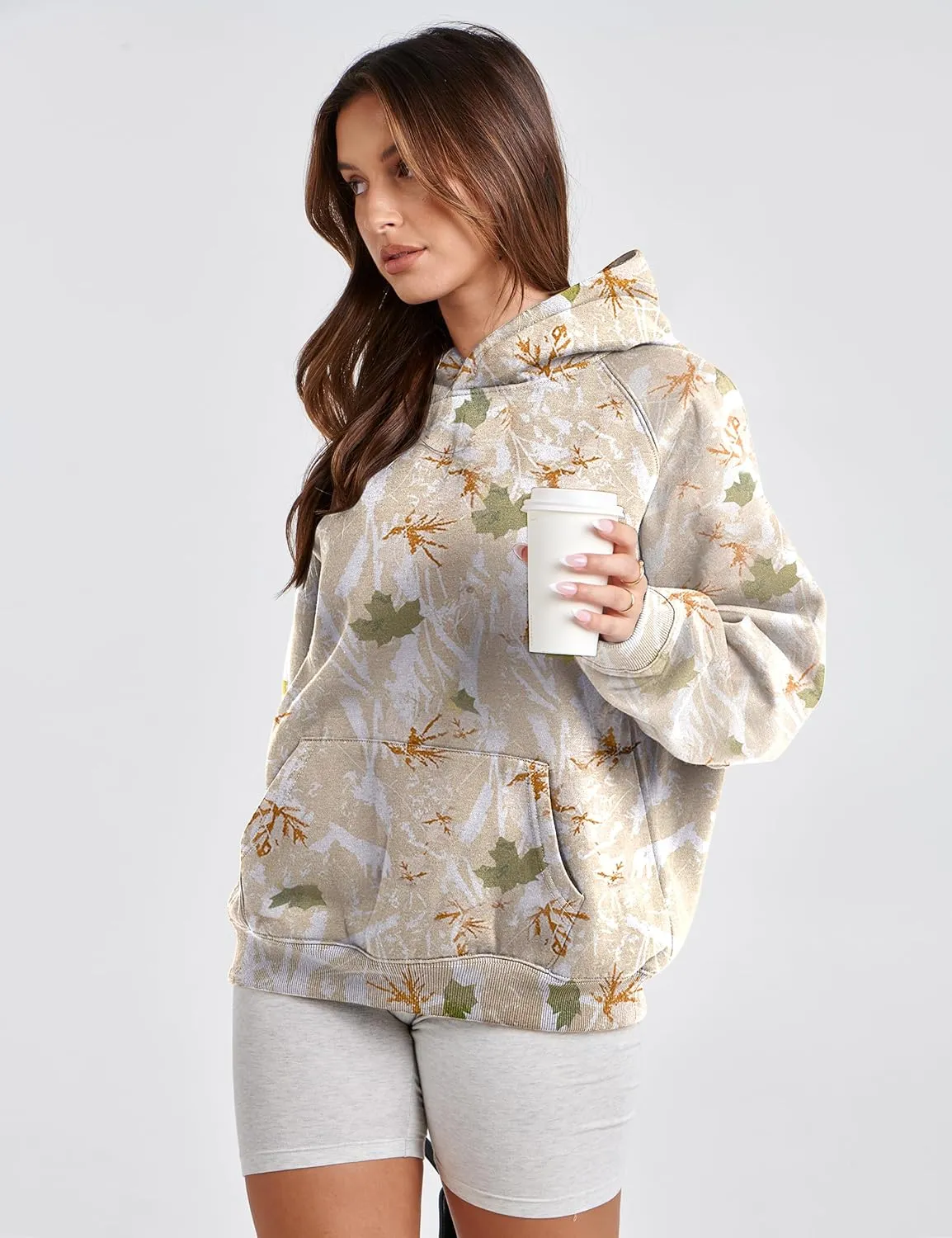 Womens Camo Hoodie Maple Leaf Print Oversized Fleece Hooded Sweatshirt Trendy Graphic Hoodie Pullover with Pocket