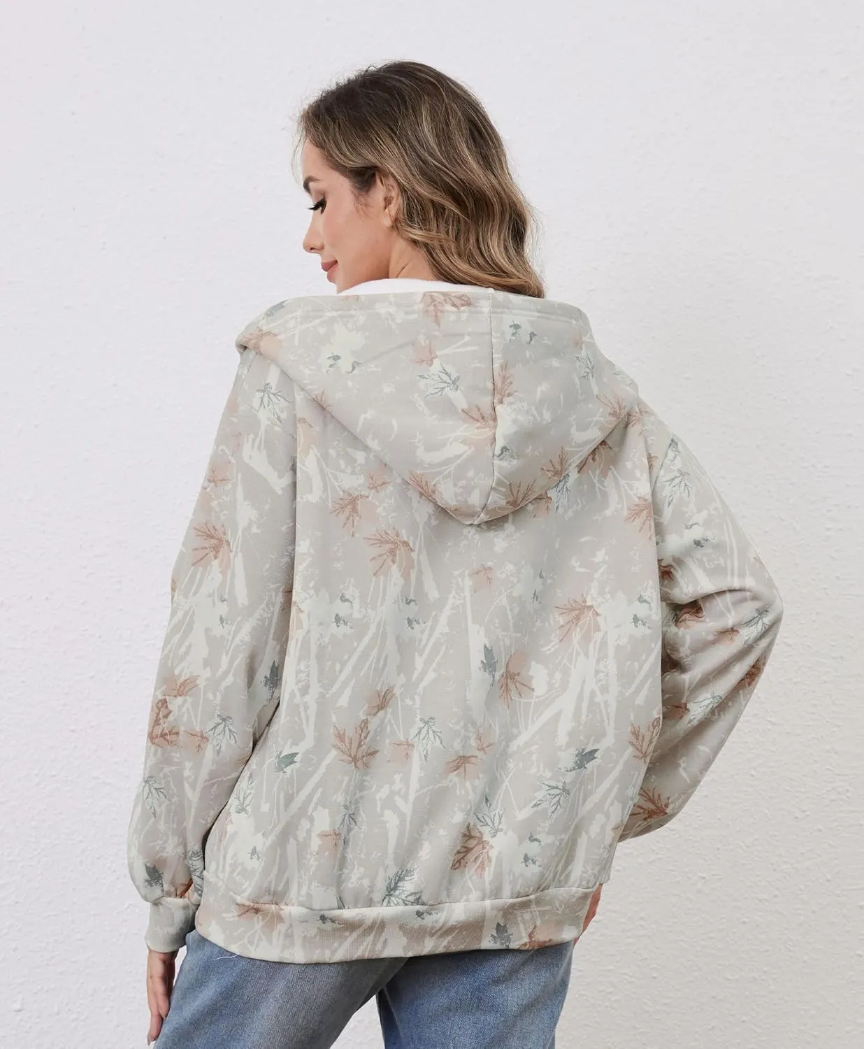 Womens Camo Zip Up Hoodie Long Sleeve Maple Leaf Print Oversized Hooded Jacket Fleece Full Zip Sweatshirt with Pockets