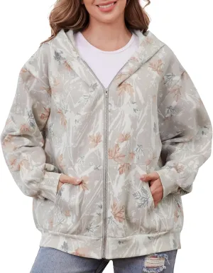 Womens Camo Zip Up Hoodie Long Sleeve Maple Leaf Print Oversized Hooded Jacket Fleece Full Zip Sweatshirt with Pockets