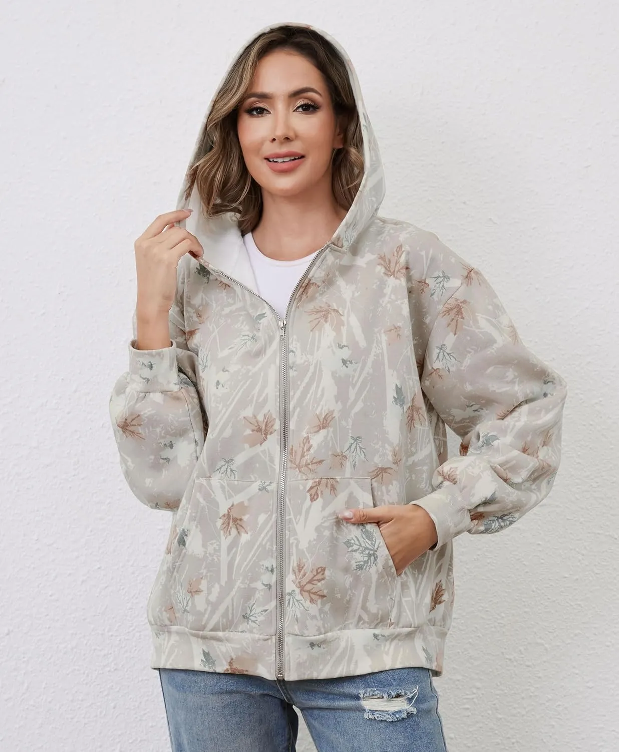 Womens Camo Zip Up Hoodie Long Sleeve Maple Leaf Print Oversized Hooded Jacket Fleece Full Zip Sweatshirt with Pockets